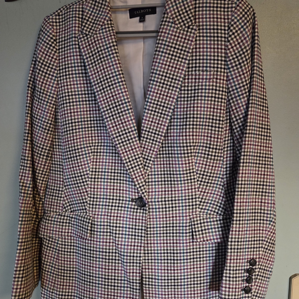 Talbots Black, White and Pink Houndstooth Single-Button Blazer